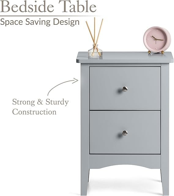 Grey 2 Drawer Bedside Table Modern Nightstand | Smooth Glide Storage Unit MDF - Kwikley