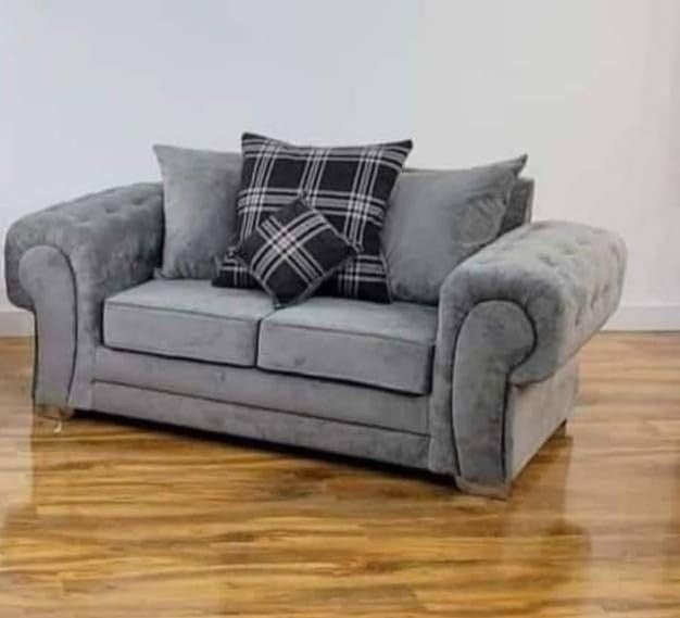 Grey 2 - Seater Chesterfield Sofa with Scroll Arms & Cushions for Living Room - Kwikley