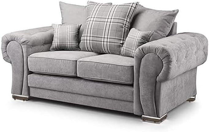 Grey 2 - Seater Chesterfield Sofa with Scroll Arms & Cushions for Living Room - Kwikley