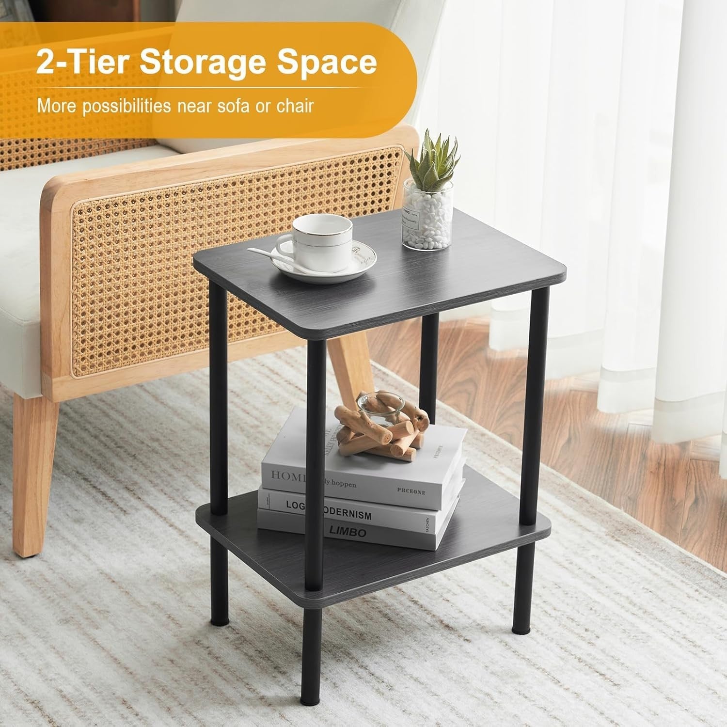 Grey 2 - Tier Narrow Side Table with Shelf – Bedside End Table for Small Spaces - Kwikley