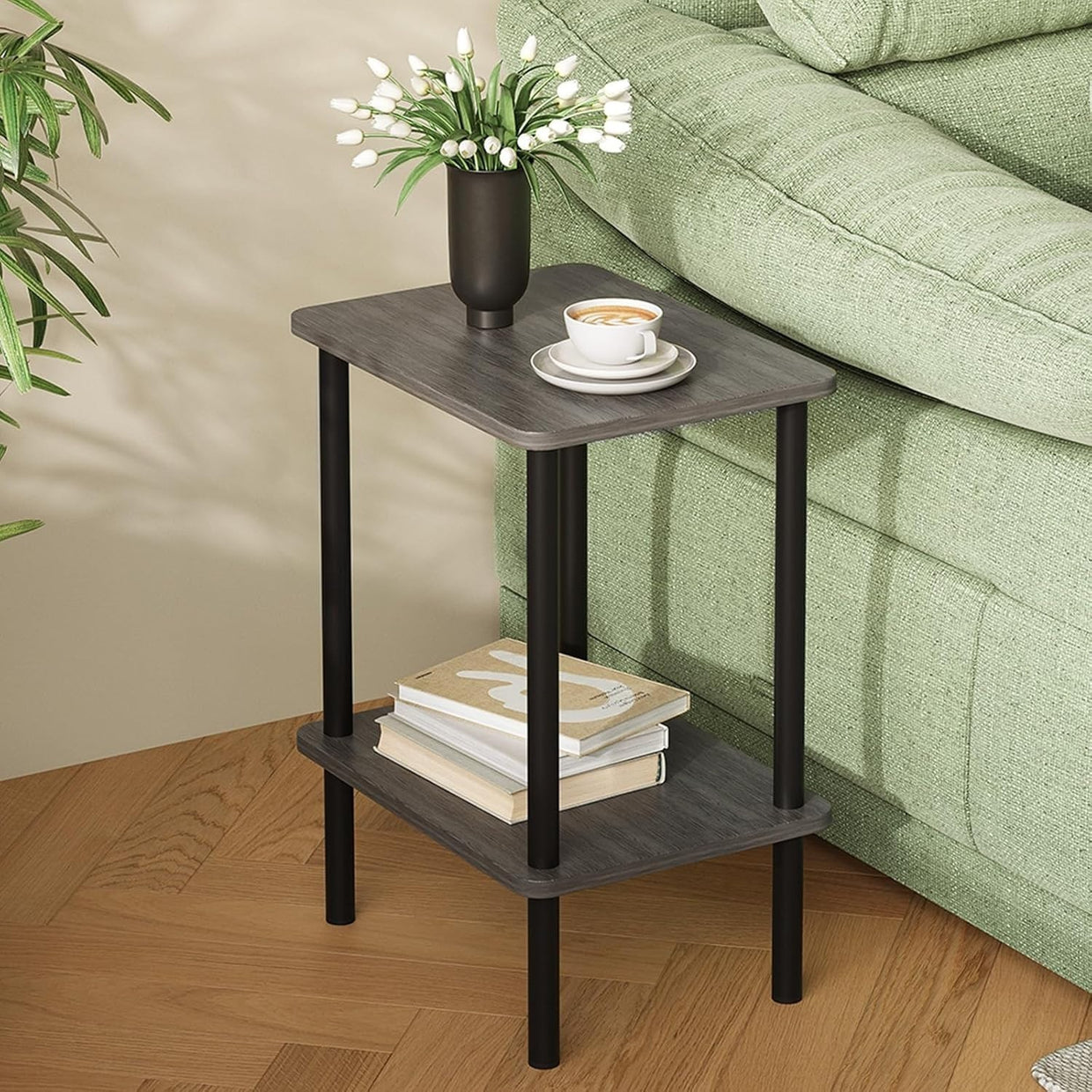 Grey 2 - Tier Narrow Side Table with Shelf – Bedside End Table for Small Spaces - Kwikley