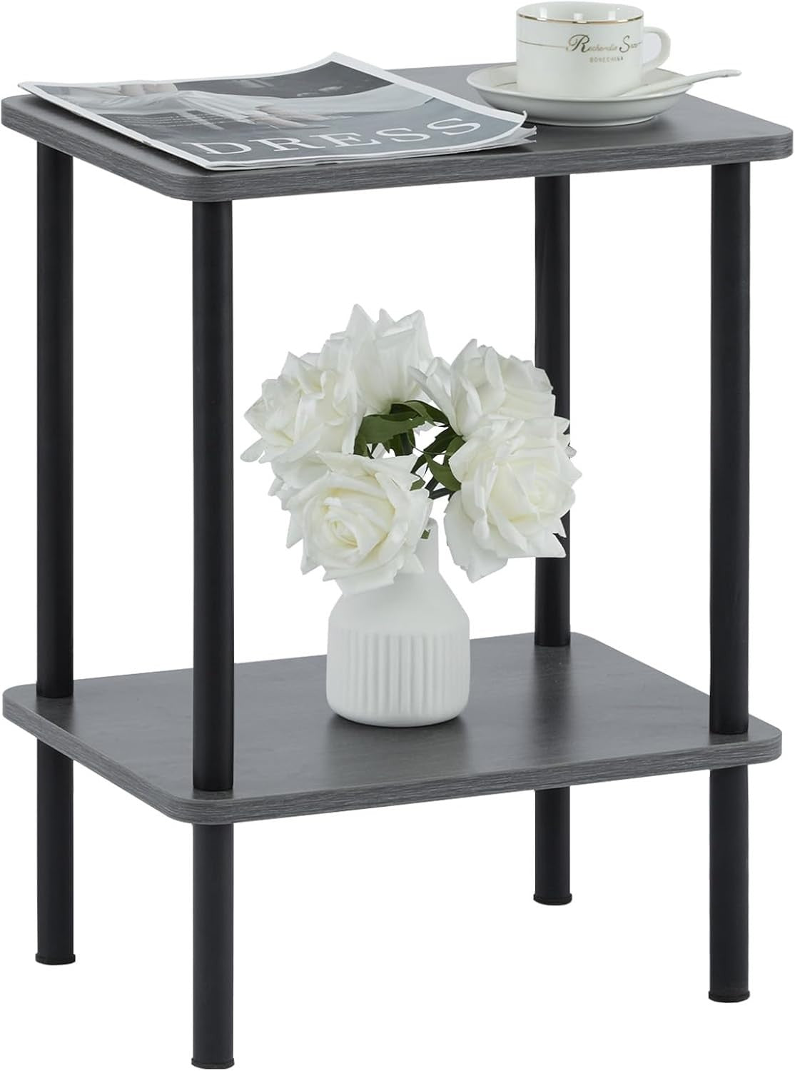 Grey 2 - Tier Narrow Side Table with Shelf – Bedside End Table for Small Spaces - Kwikley