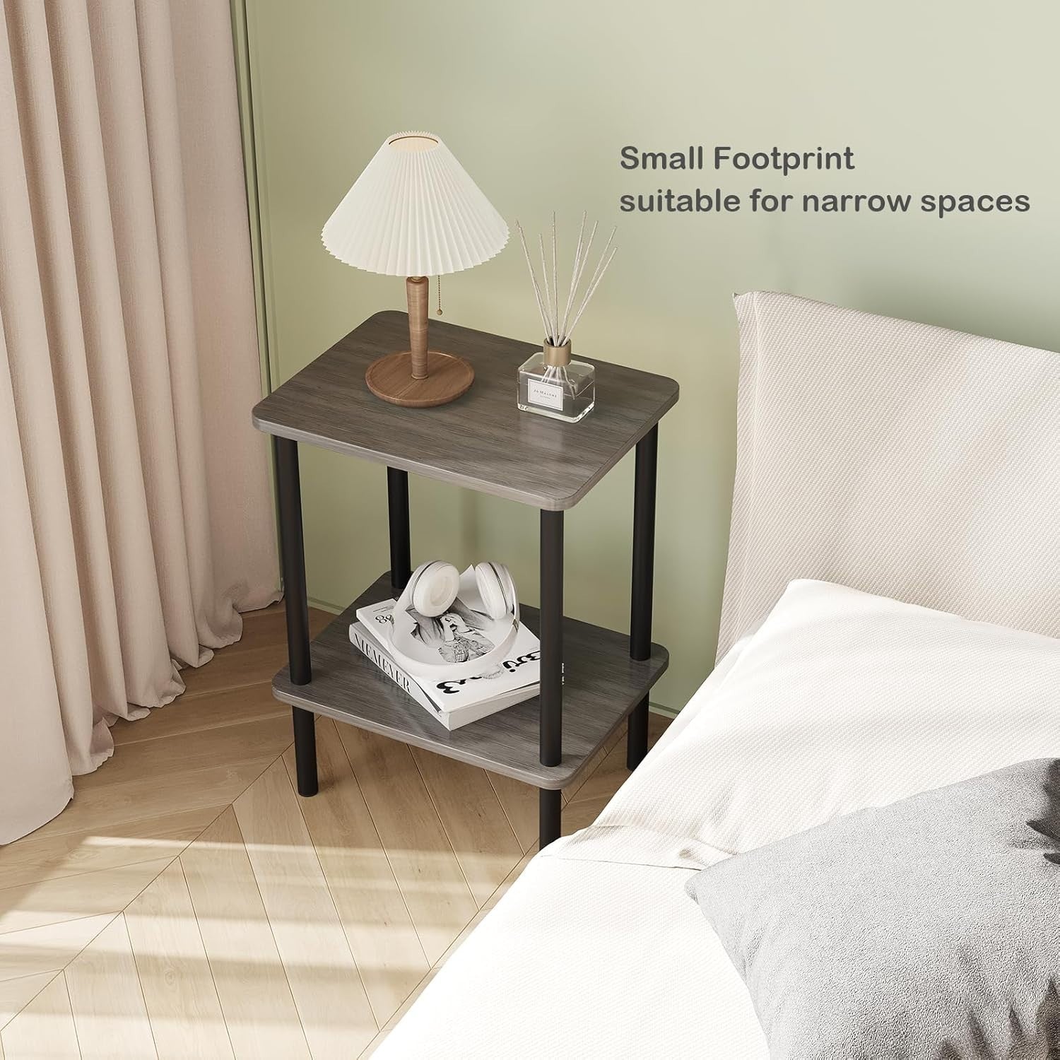 Grey 2 - Tier Narrow Side Table with Shelf – Bedside End Table for Small Spaces - Kwikley