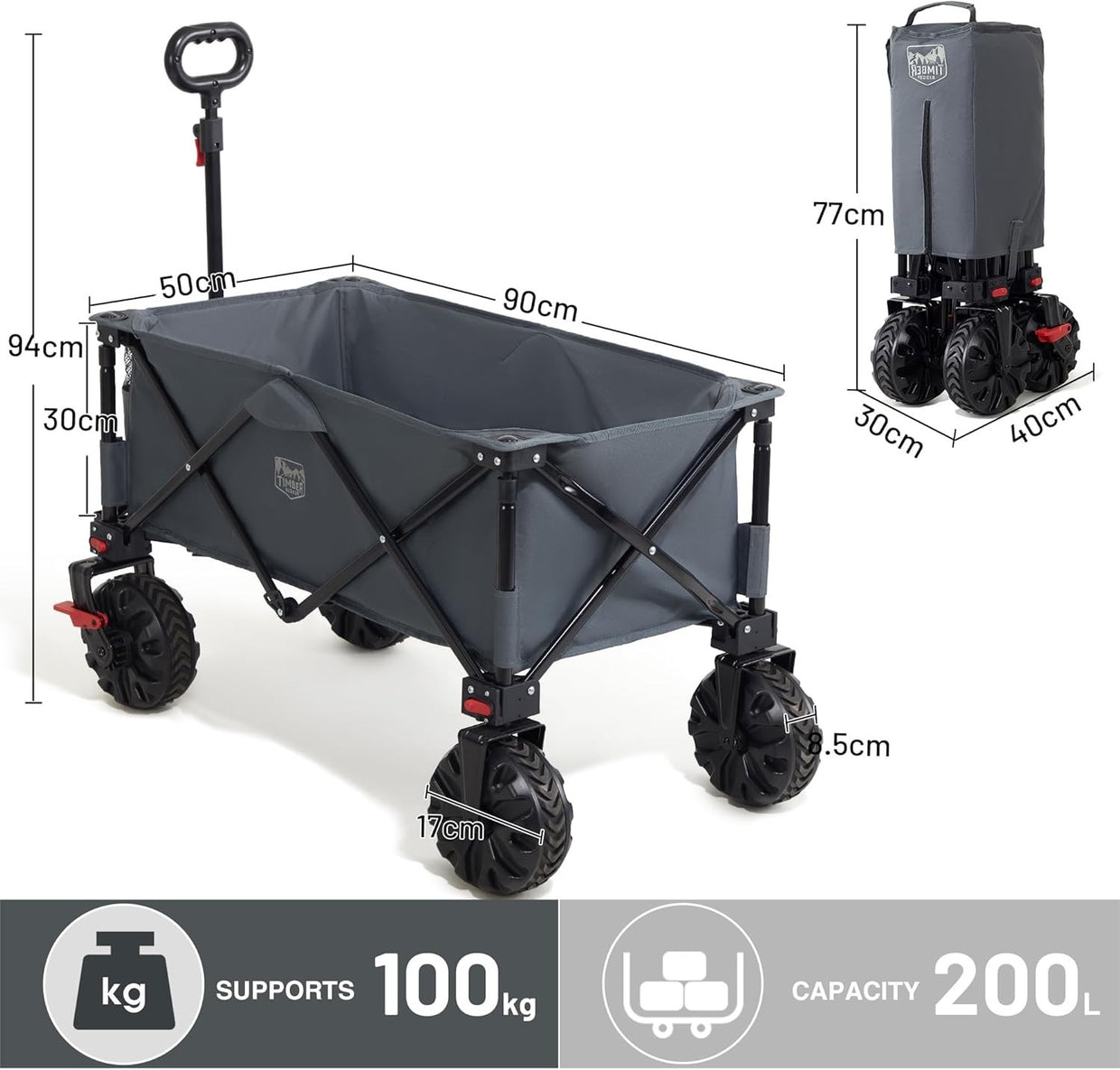 Grey 200L Folding Camping Wagon 100kg Festival Trolley with Brakes & Cover Bag - Kwikley