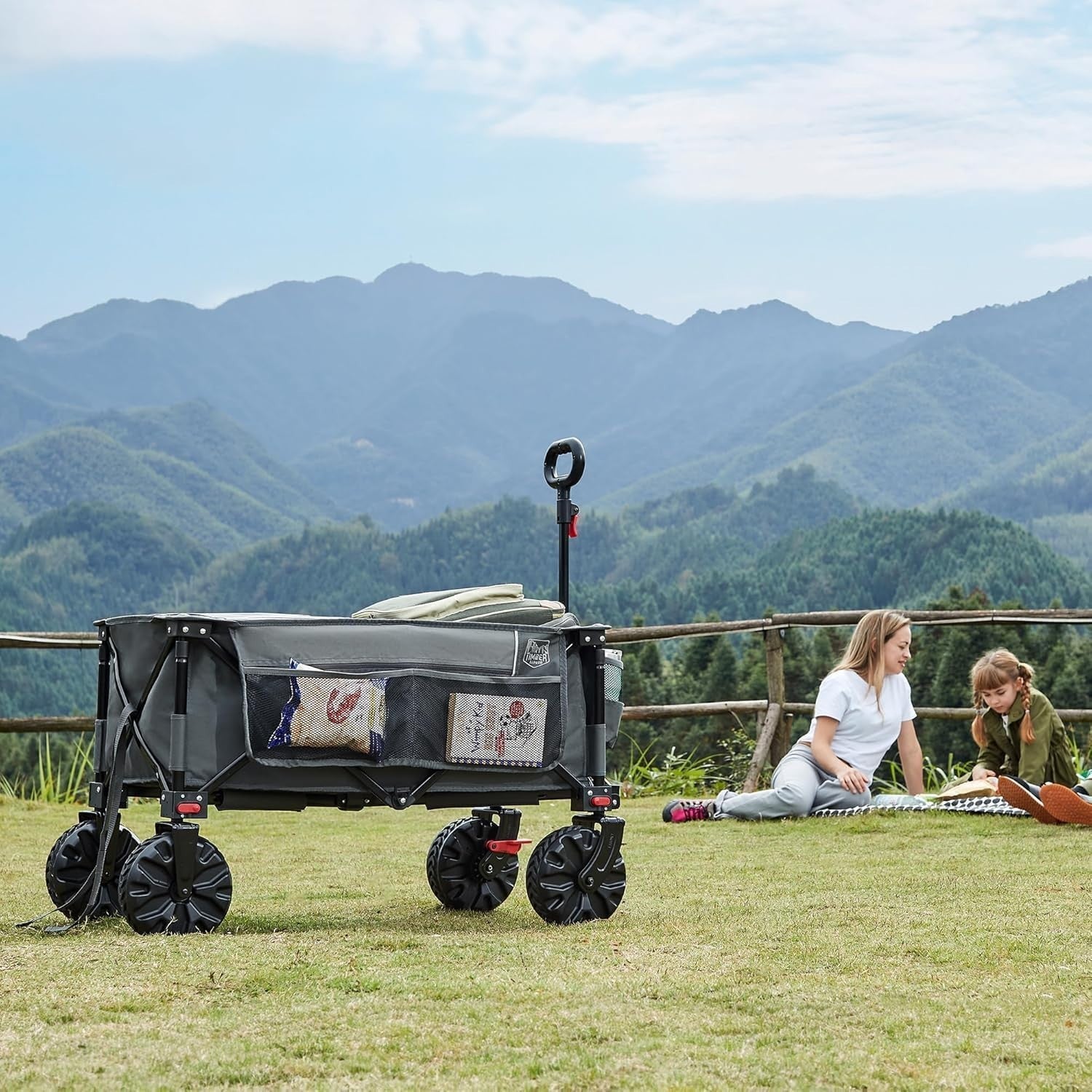 Grey 200L Folding Camping Wagon 100kg Festival Trolley with Brakes & Cover Bag - Kwikley