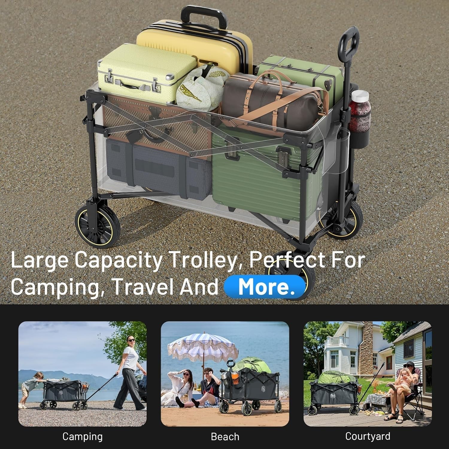 Grey 200L Folding Camping Wagon 100kg Heavy Duty Festival Trolley with Handle - Kwikley