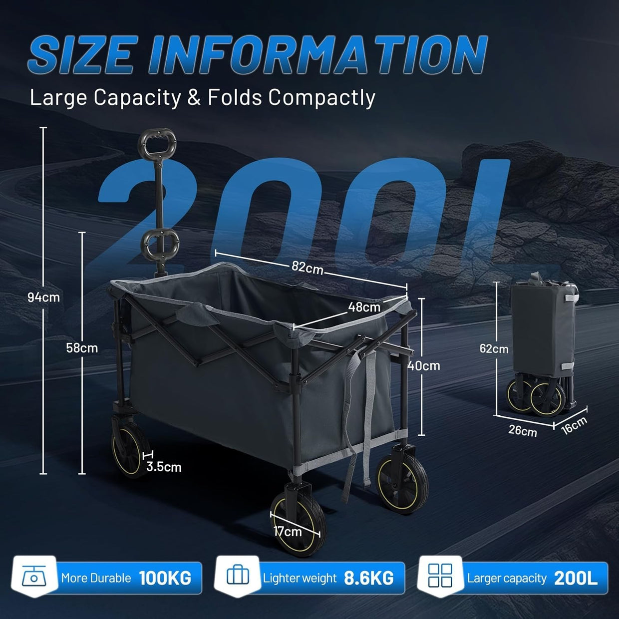 Grey 200L Folding Camping Wagon 100kg Heavy Duty Festival Trolley with Handle - Kwikley
