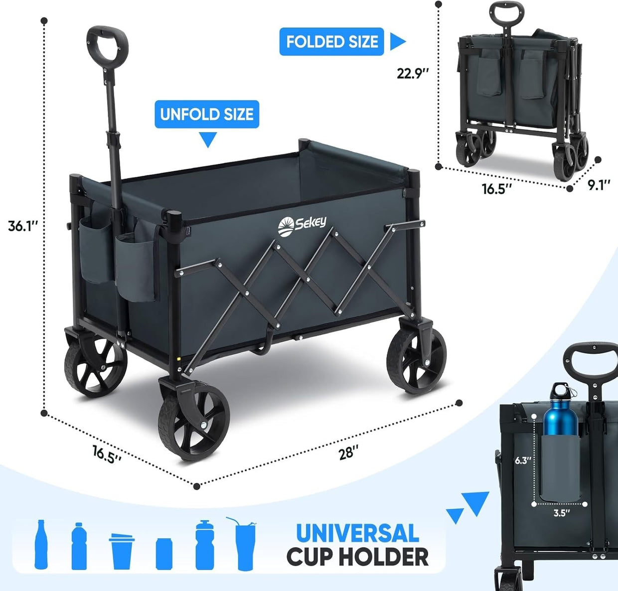 Grey 220lb Folding Festival Wagon Trolley Cart w/ All - Terrain Wheels & Handle - Kwikley