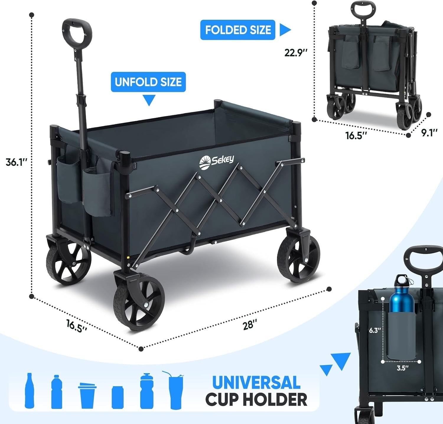Grey 220lb Folding Festival Wagon Trolley Cart w/ All - Terrain Wheels & Handle - Kwikley