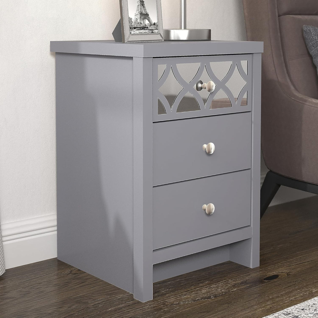 Grey 3 Drawer Bedside Table with Mirrored Drawer, Modern Bedroom Cabinet 59x39cm - Kwikley