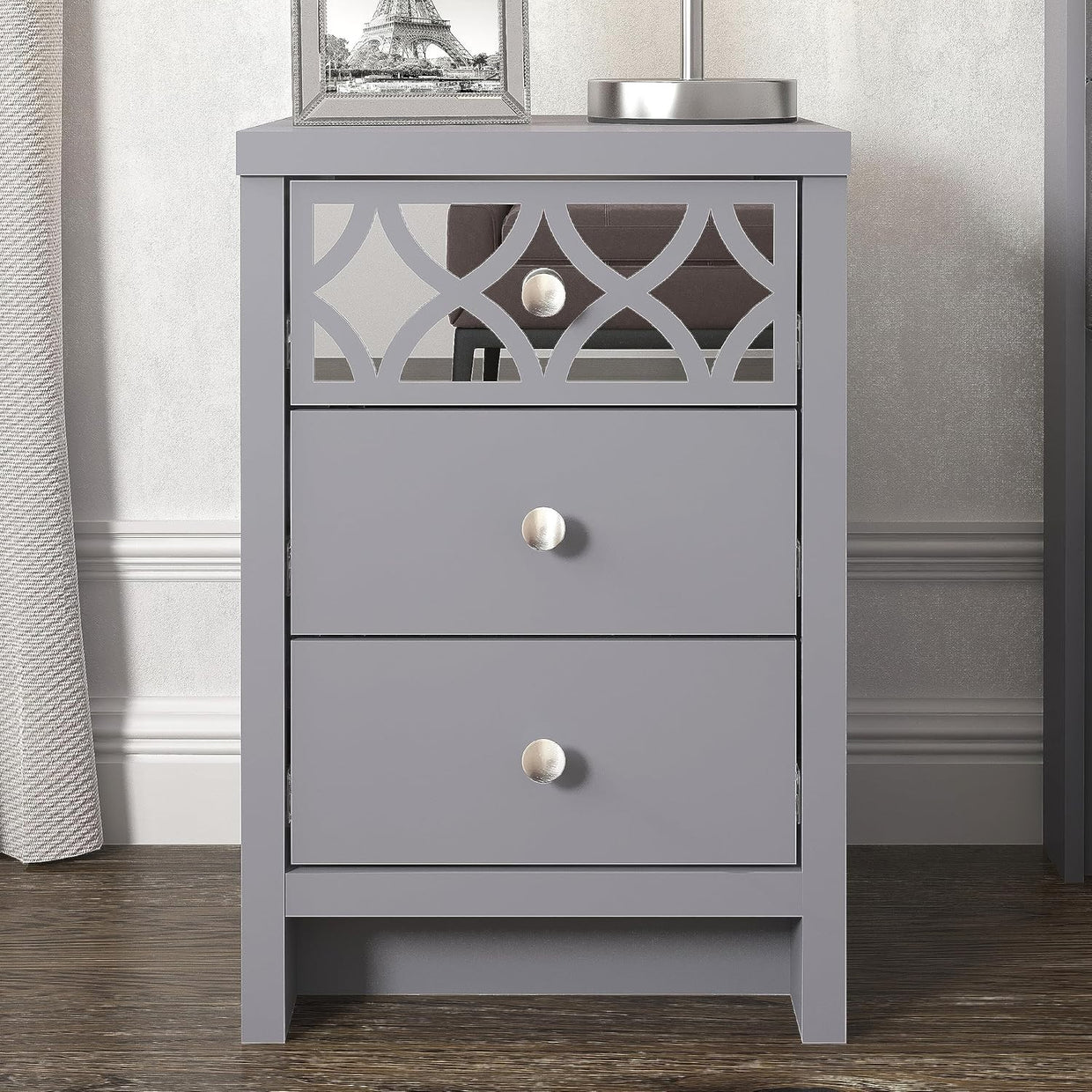 Grey 3 Drawer Bedside Table with Mirrored Drawer, Modern Bedroom Cabinet 59x39cm - Kwikley