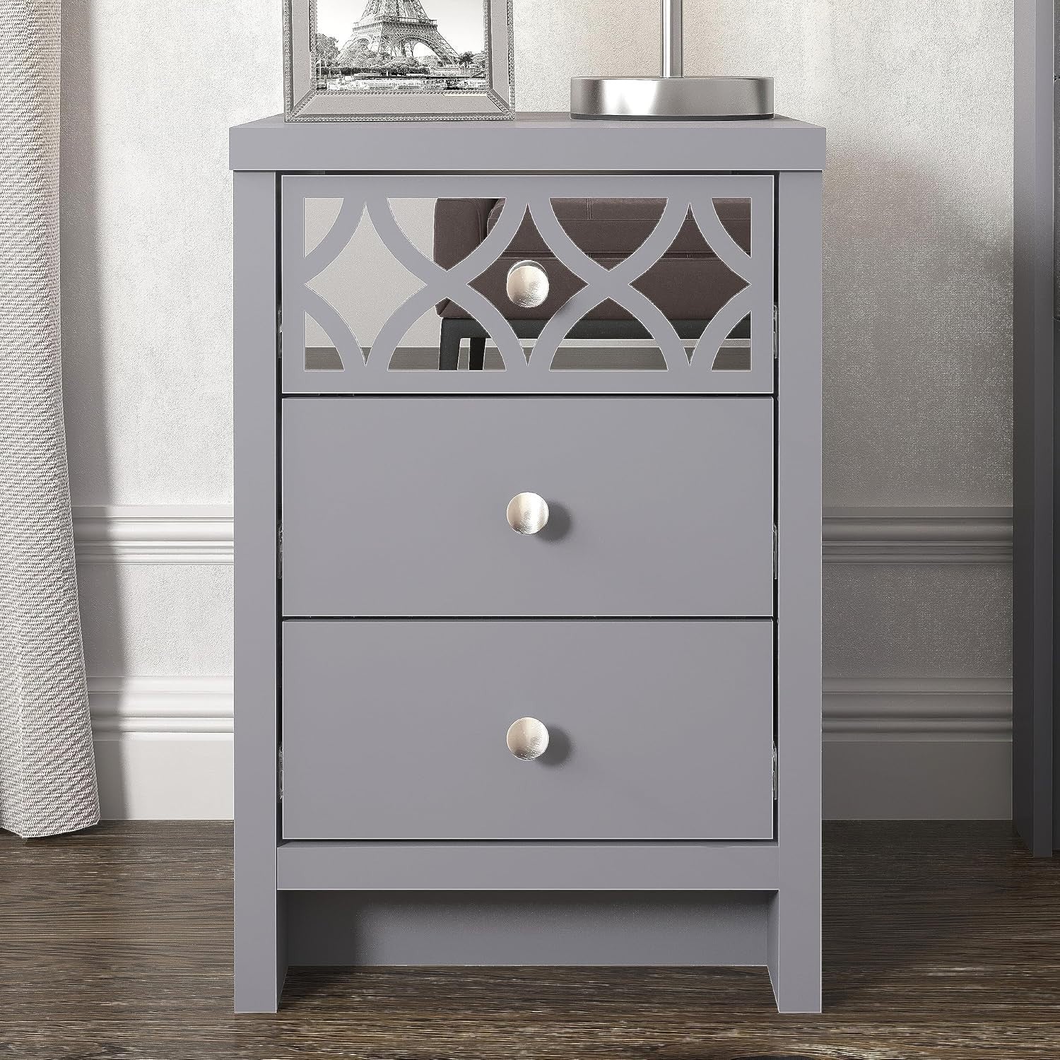 Grey 3 Drawer Bedside Table with Mirrored Drawer, Modern Bedroom Cabinet 59x39cm - Kwikley