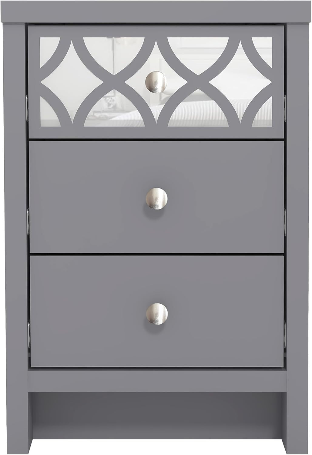 Grey 3 Drawer Bedside Table with Mirrored Drawer, Modern Bedroom Cabinet 59x39cm - Kwikley
