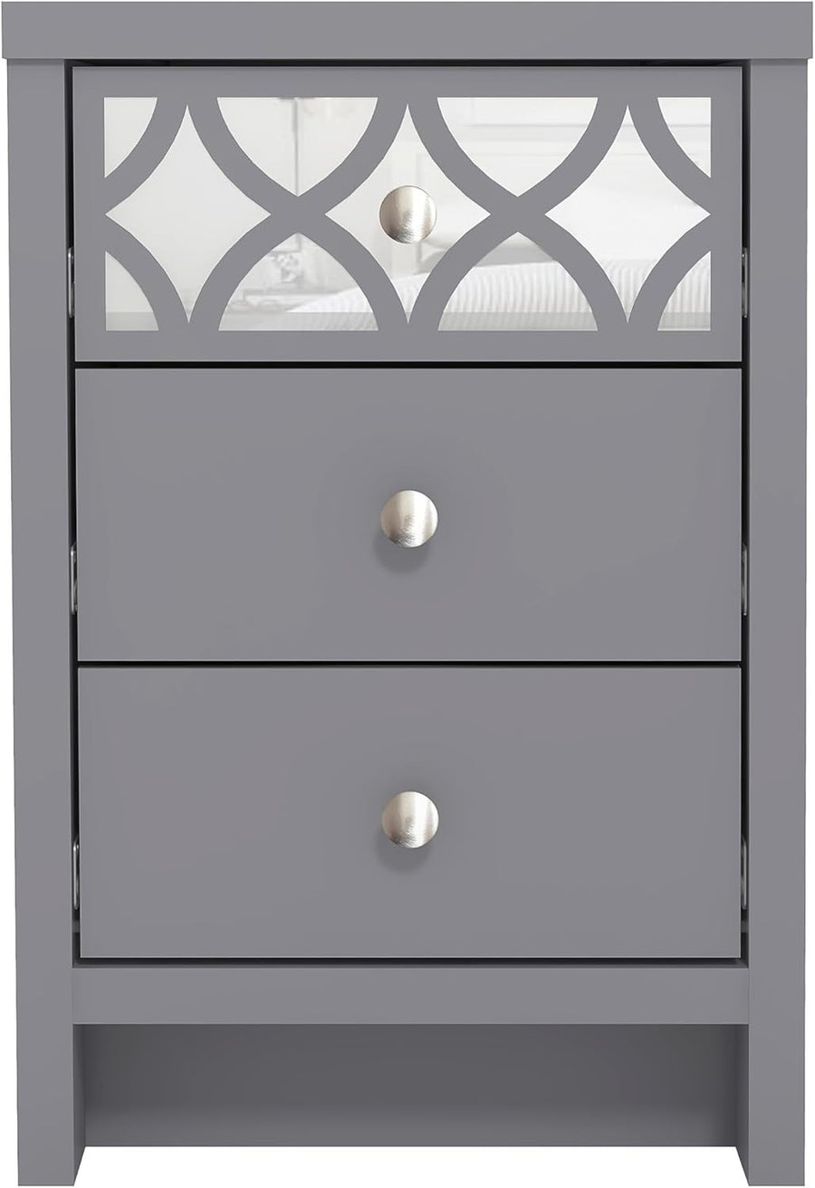 Grey 3 Drawer Bedside Table with Mirrored Drawer, Modern Bedroom Cabinet 59x39cm - Kwikley