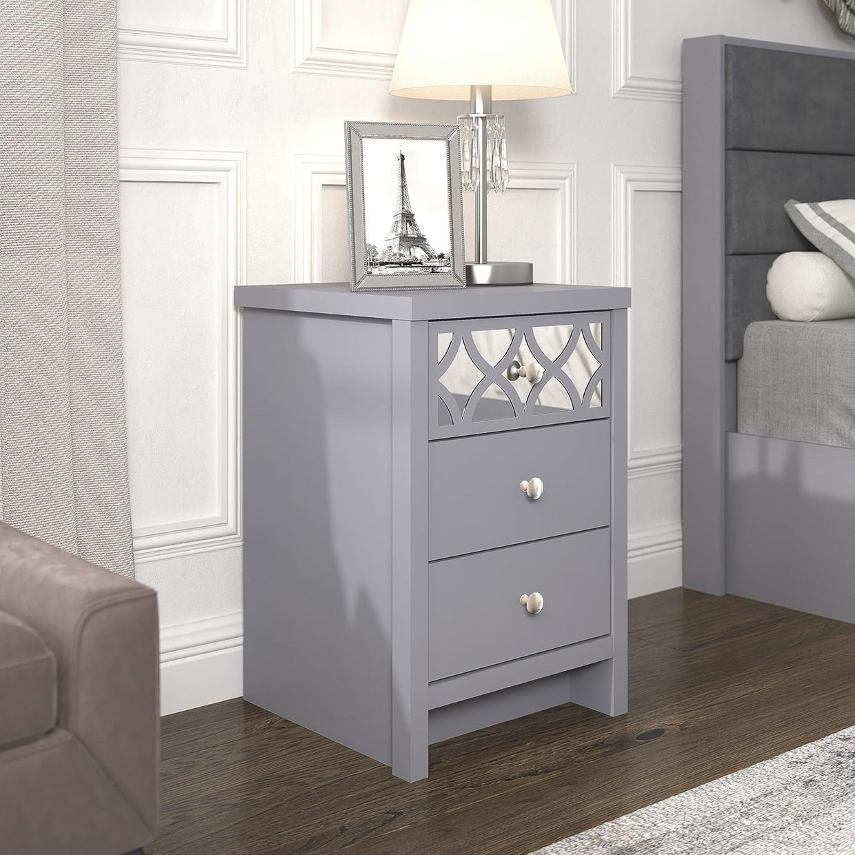 Grey 3 Drawer Bedside Table with Mirrored Drawer, Modern Bedroom Cabinet 59x39cm - Kwikley