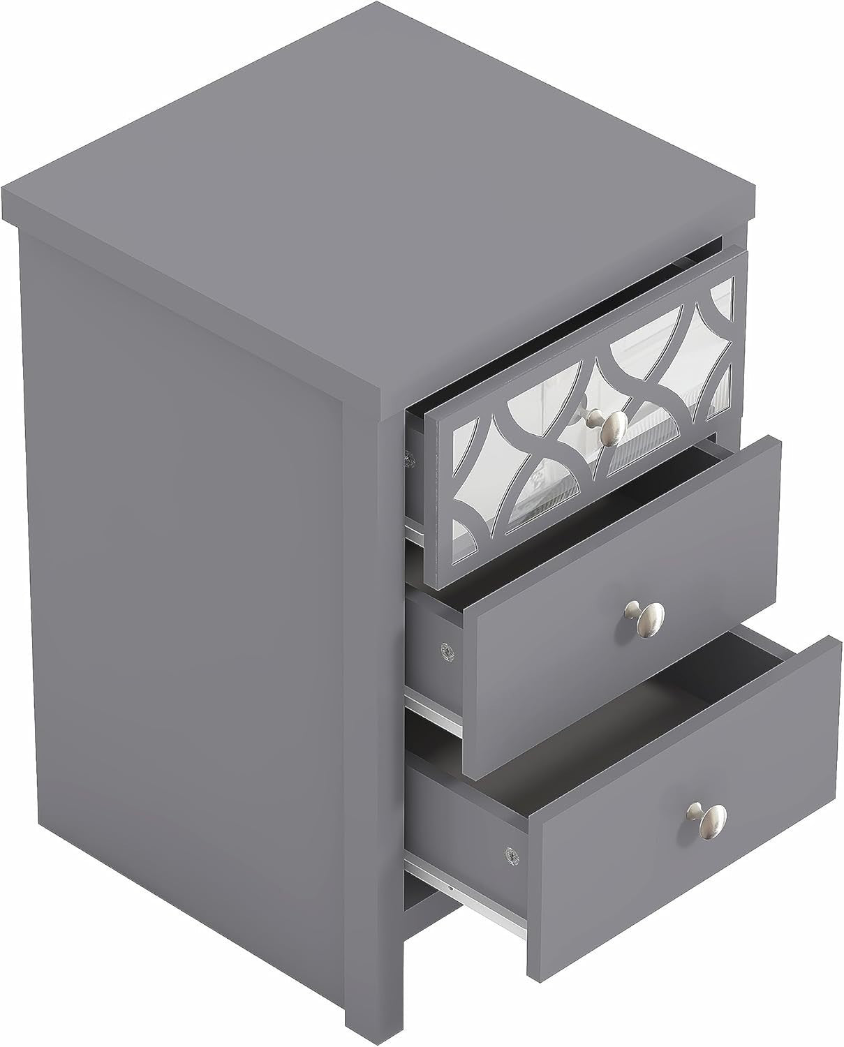 Grey 3 Drawer Bedside Table with Mirrored Drawer, Modern Bedroom Cabinet 59x39cm - Kwikley