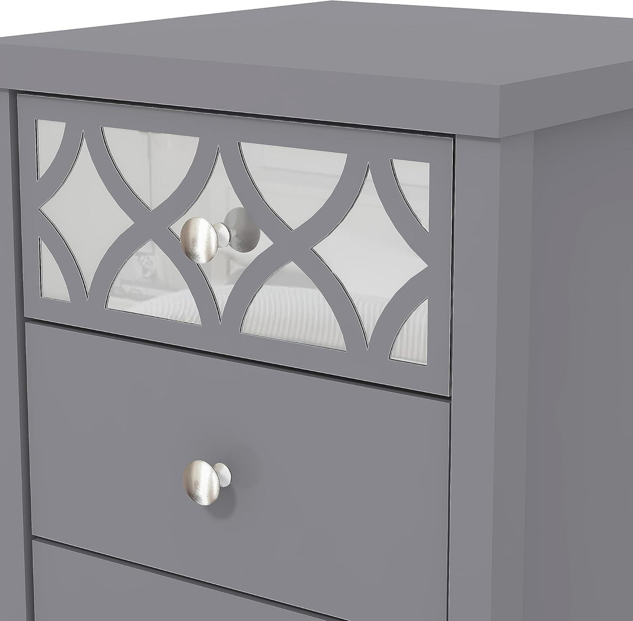Grey 3 Drawer Bedside Table with Mirrored Drawer, Modern Bedroom Cabinet 59x39cm - Kwikley