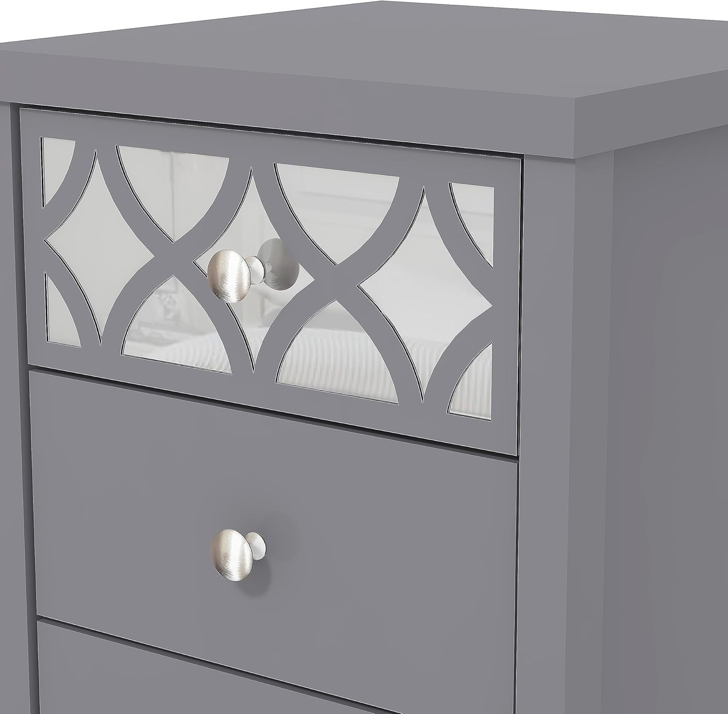 Grey 3 Drawer Bedside Table with Mirrored Drawer, Modern Bedroom Cabinet 59x39cm - Kwikley