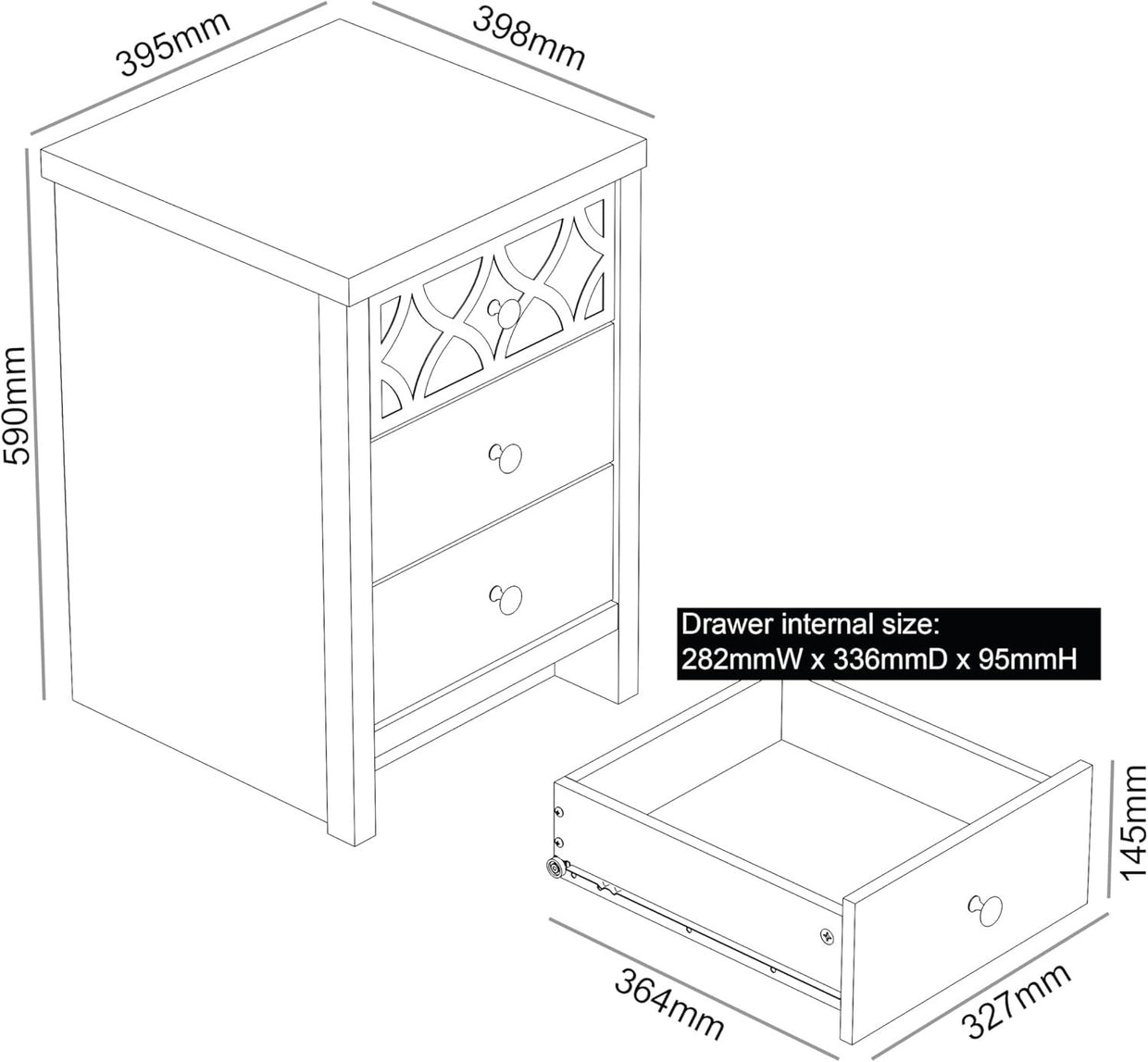 Grey 3 Drawer Bedside Table with Mirrored Drawer, Modern Bedroom Cabinet 59x39cm - Kwikley