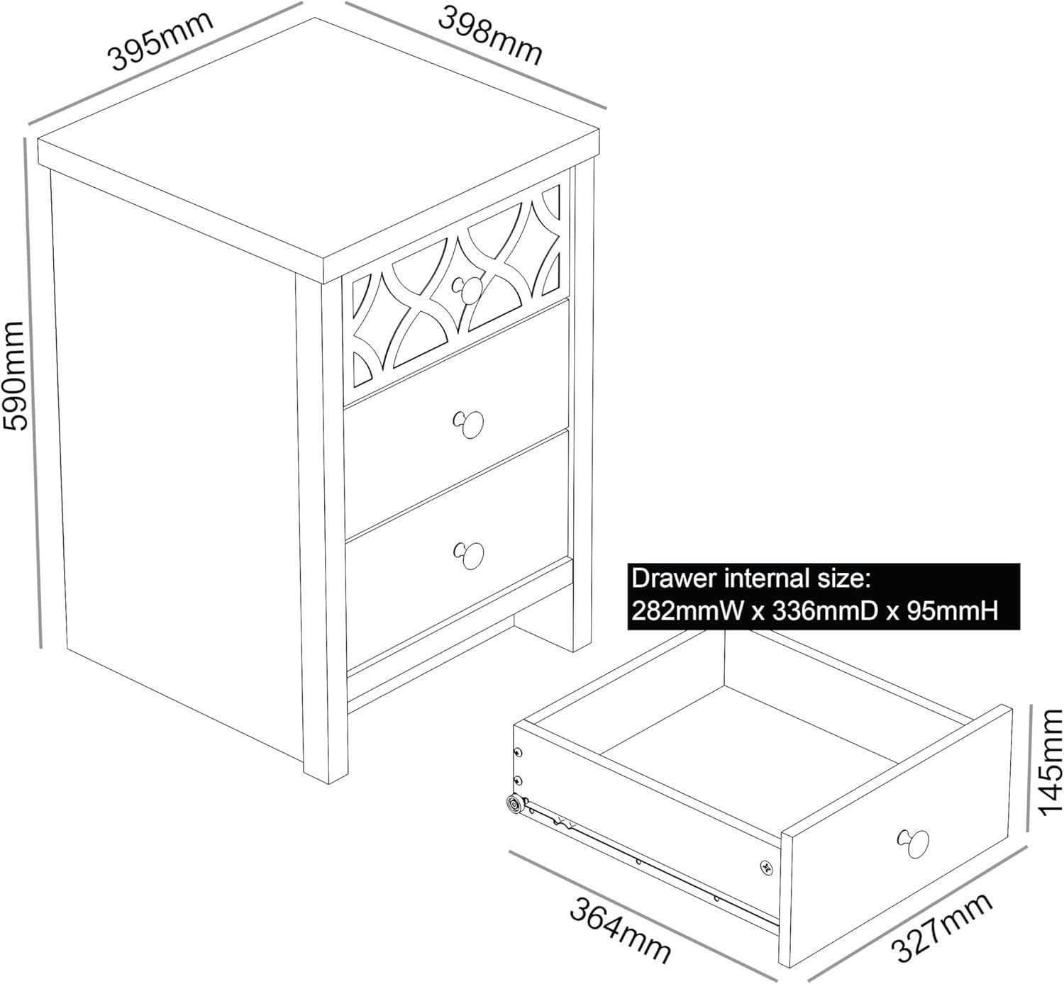 Grey 3 Drawer Bedside Table with Mirrored Drawer, Modern Bedroom Cabinet 59x39cm - Kwikley