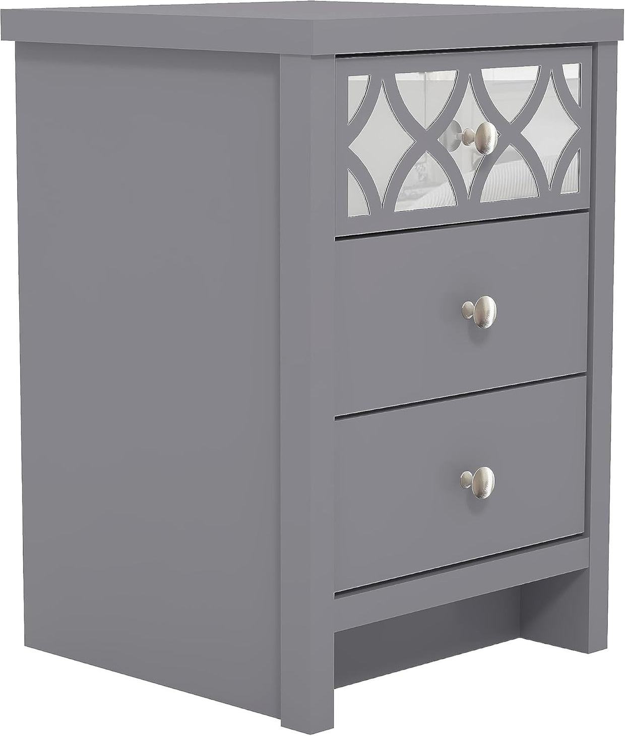 Grey 3 Drawer Bedside Table with Mirrored Drawer, Modern Bedroom Cabinet 59x39cm - Kwikley