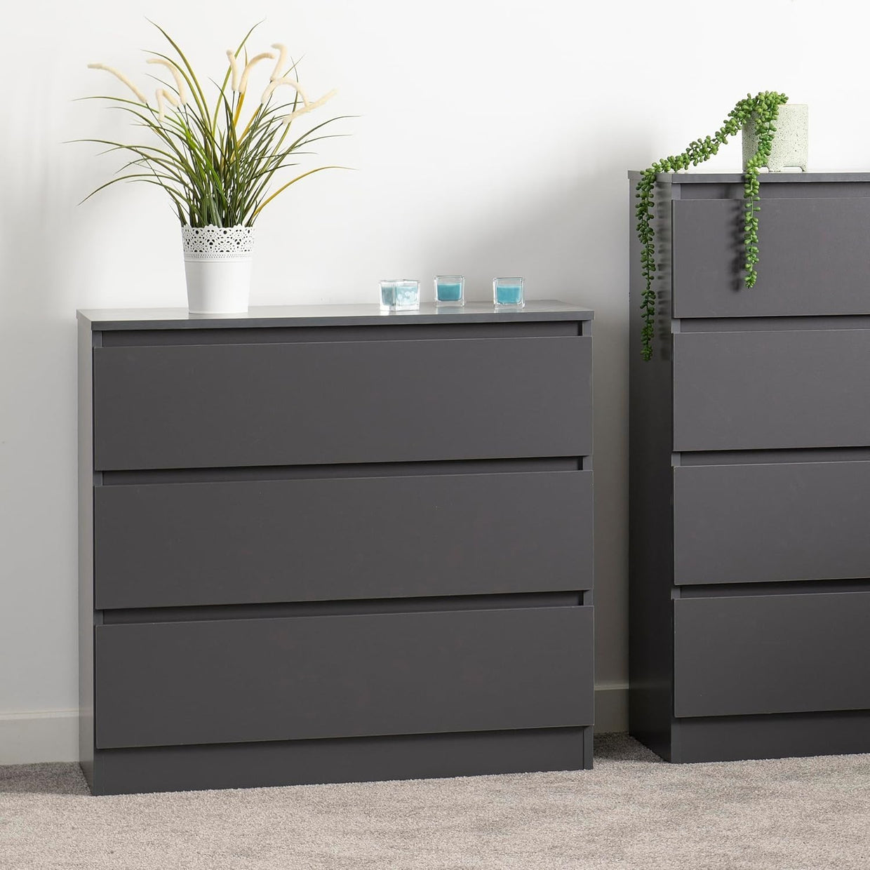 Grey 3 Drawer Chest Engineered Wood Storage Cabinet Bedroom Organizer - Kwikley