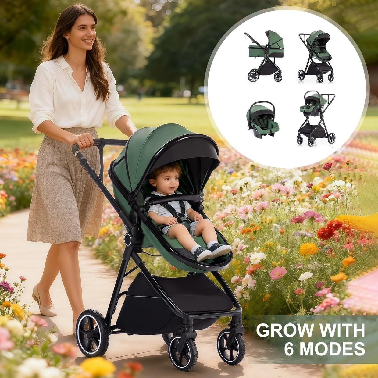 Grey 3 in 1 Baby Pram Travel System Pushchair Adjustable Handle - Kwikley