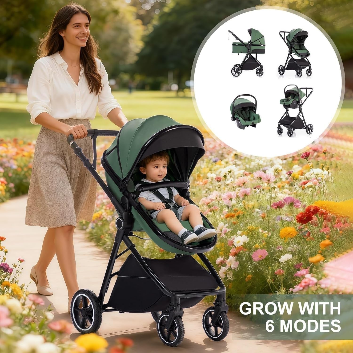 Grey 3 in 1 Baby Pram Travel System Pushchair Adjustable Handle - Kwikley