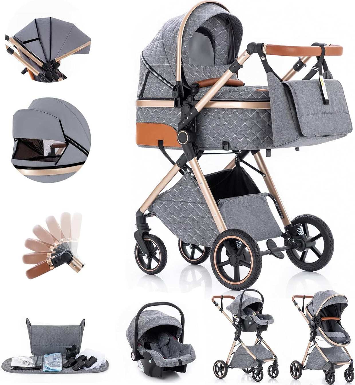 Grey 3 in 1 Baby Pram Travel System Pushchair Adjustable Handle - Kwikley