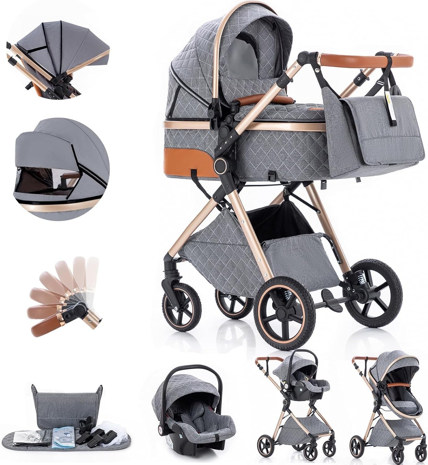 Grey 3 in 1 Baby Pram Travel System Pushchair Adjustable Handle - Kwikley
