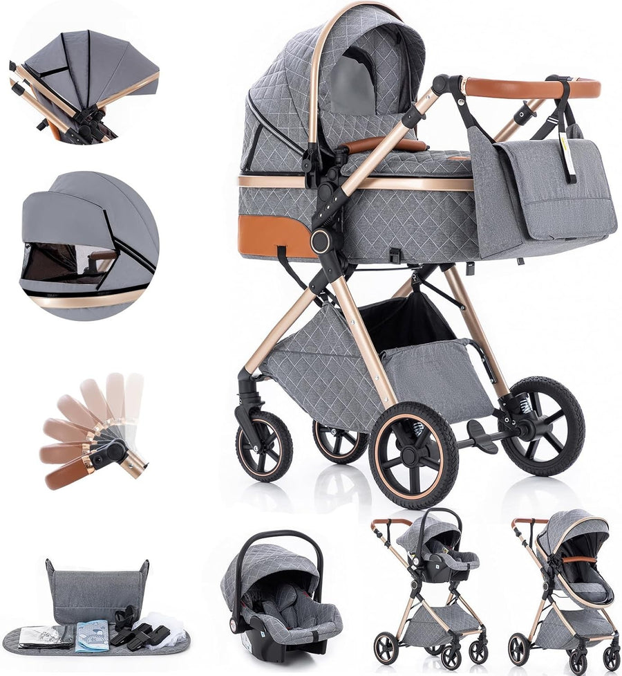 Grey 3 in 1 Baby Pram Travel System Pushchair Adjustable Handle - Kwikley