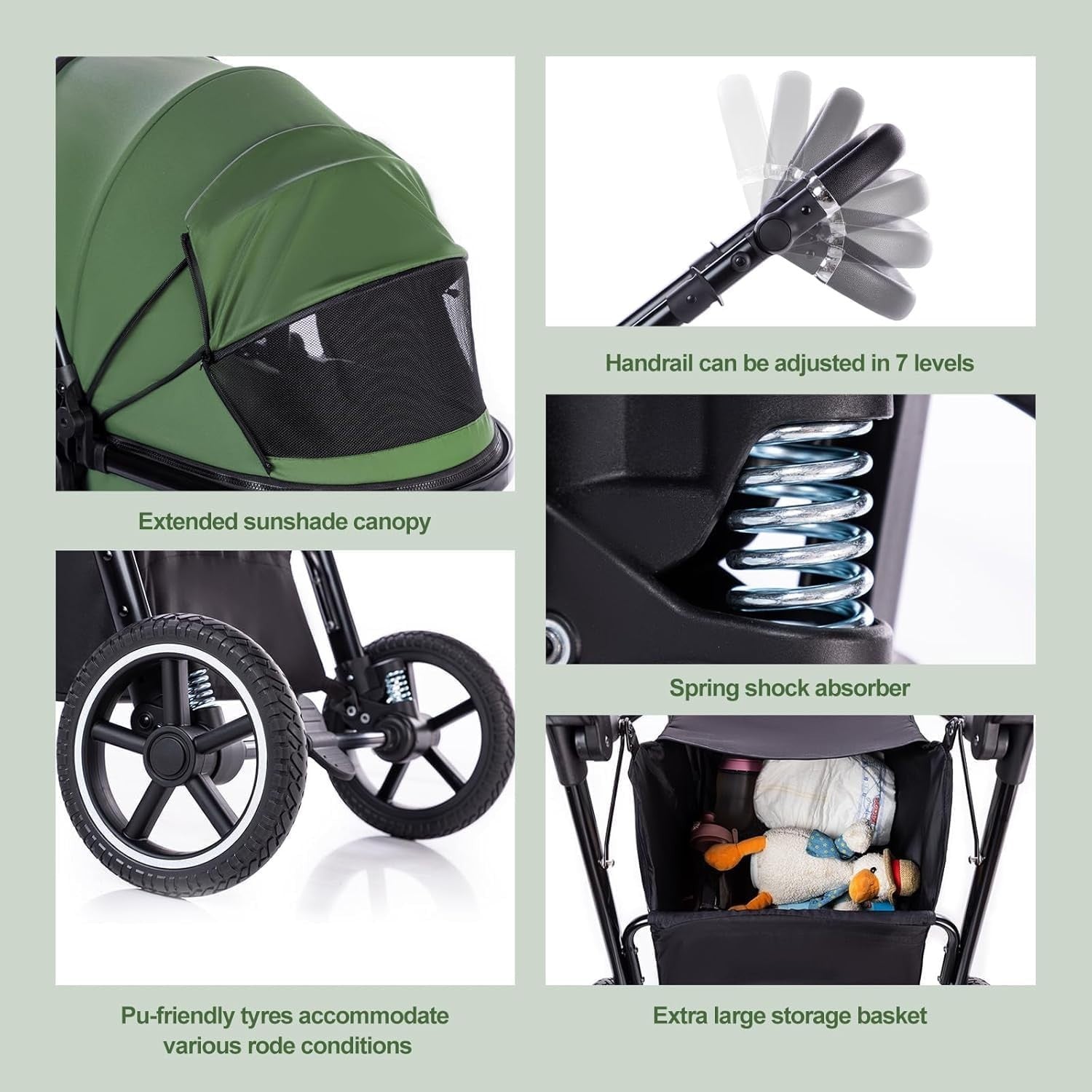 Grey 3 in 1 Baby Pram Travel System Pushchair Adjustable Handle - Kwikley