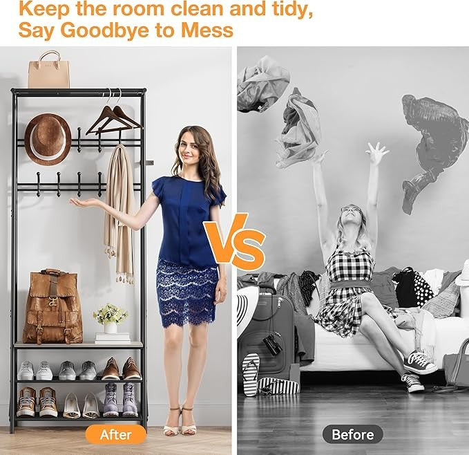 Grey 3 - in - 1 Coat Rack with Shoe Storage & 10 Hooks Metal Hallway Stand - Kwikley