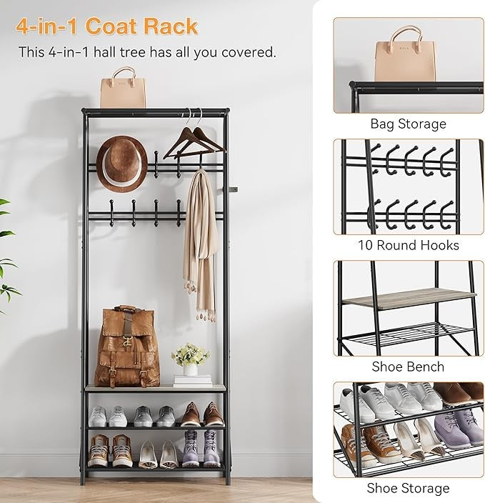 Grey 3 - in - 1 Coat Rack with Shoe Storage & 10 Hooks Metal Hallway Stand - Kwikley