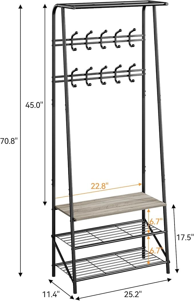 Grey 3 - in - 1 Coat Rack with Shoe Storage & 10 Hooks Metal Hallway Stand - Kwikley
