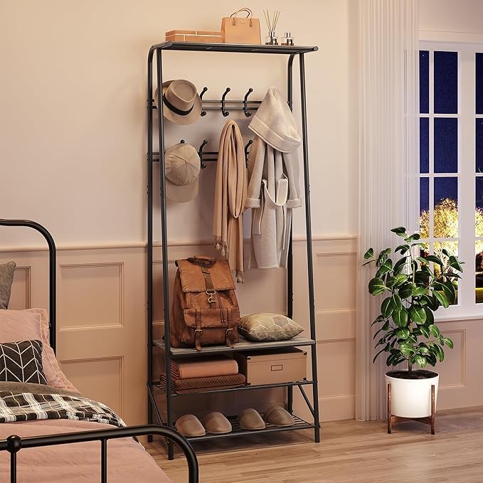 Grey 3 - in - 1 Coat Rack with Shoe Storage & 10 Hooks Metal Hallway Stand - Kwikley