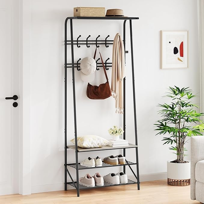 Grey 3 - in - 1 Coat Rack with Shoe Storage & 10 Hooks Metal Hallway Stand - Kwikley