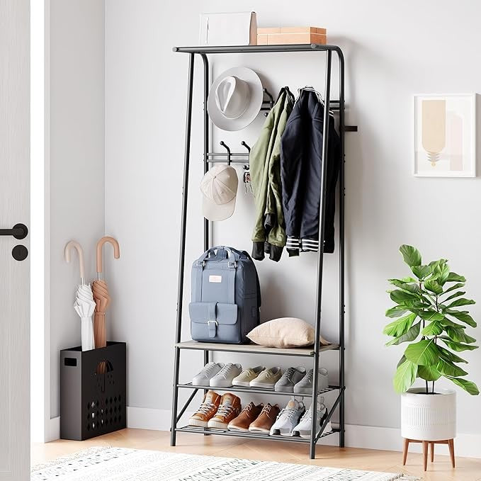 Grey 3 - in - 1 Coat Rack with Shoe Storage & 10 Hooks Metal Hallway Stand - Kwikley
