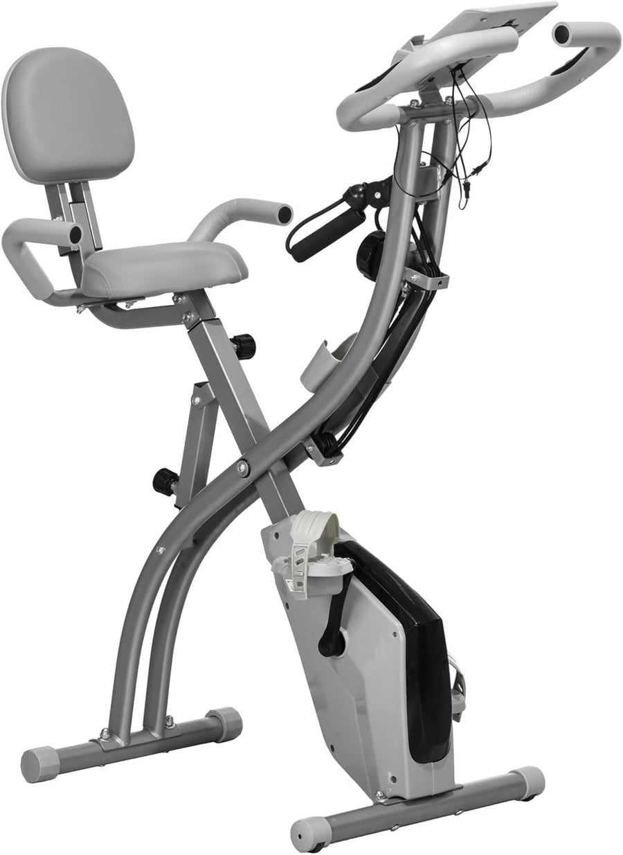 Grey 3 - in - 1 Folding Exercise Bike Magnetic Resistance LCD Pulse & Bands - Kwikley