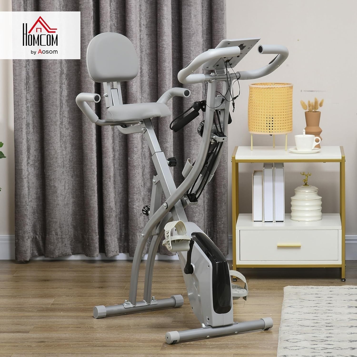 Grey 3 - in - 1 Folding Exercise Bike Magnetic Resistance LCD Pulse & Bands - Kwikley