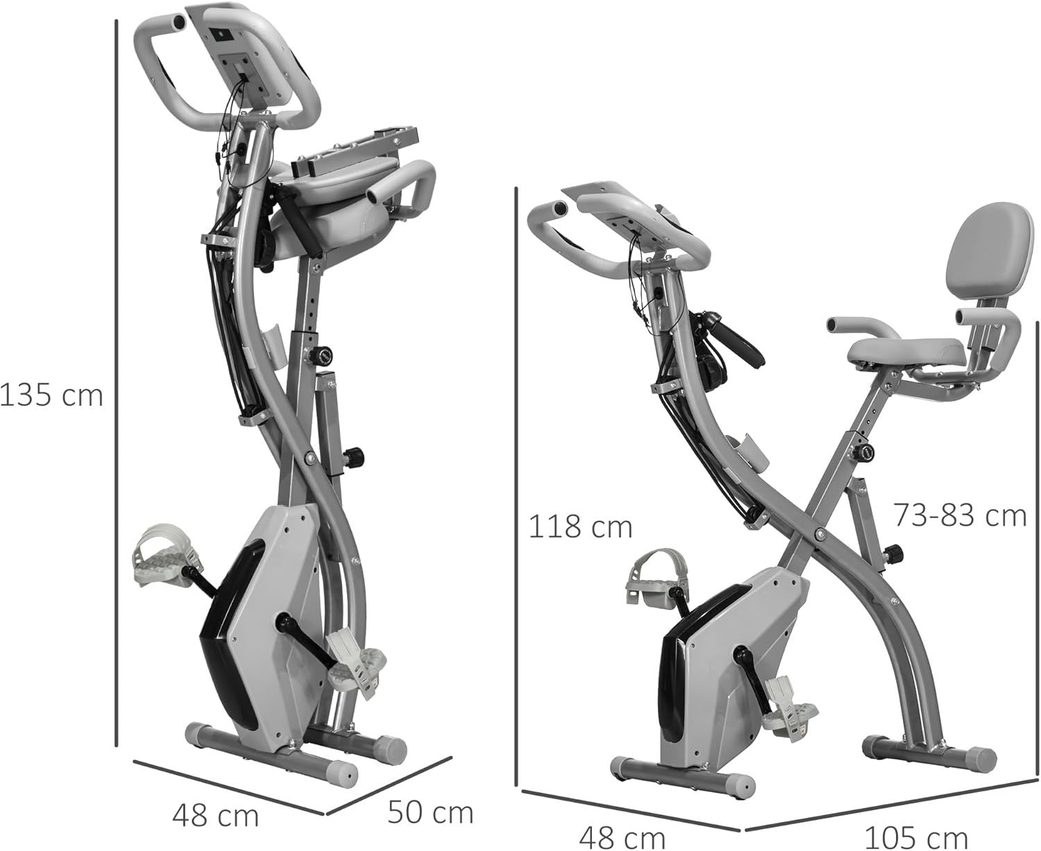 Grey 3 - in - 1 Folding Exercise Bike Magnetic Resistance LCD Pulse & Bands - Kwikley