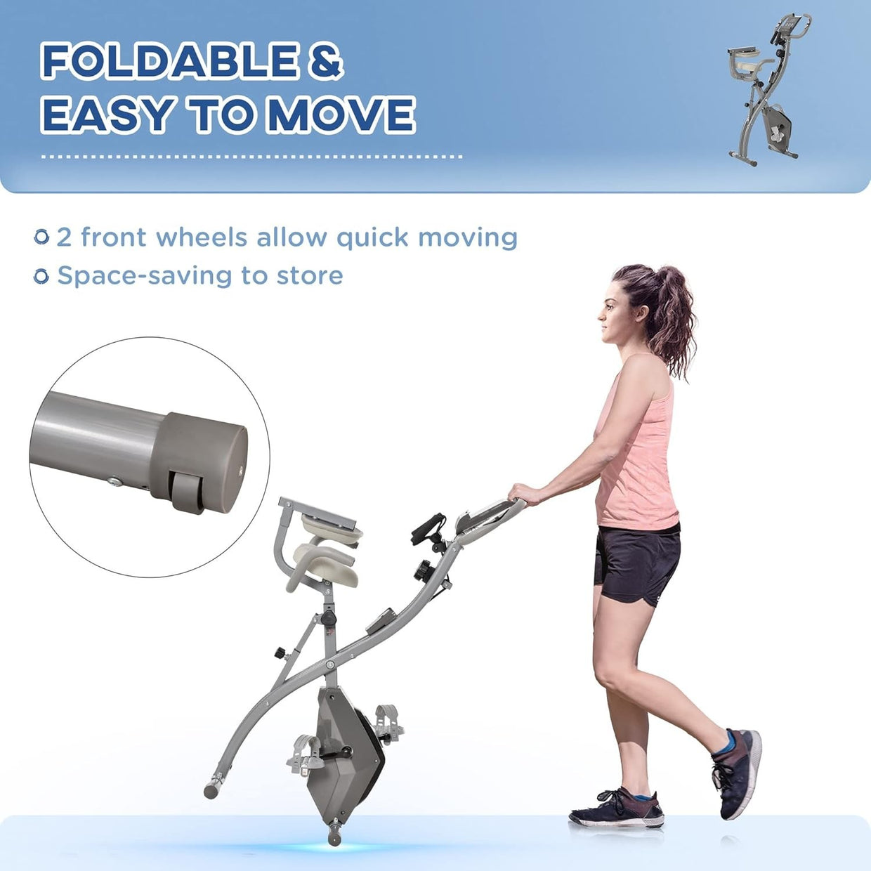 Grey 3 - in - 1 Folding Exercise Bike Magnetic Resistance LCD Pulse & Bands - Kwikley