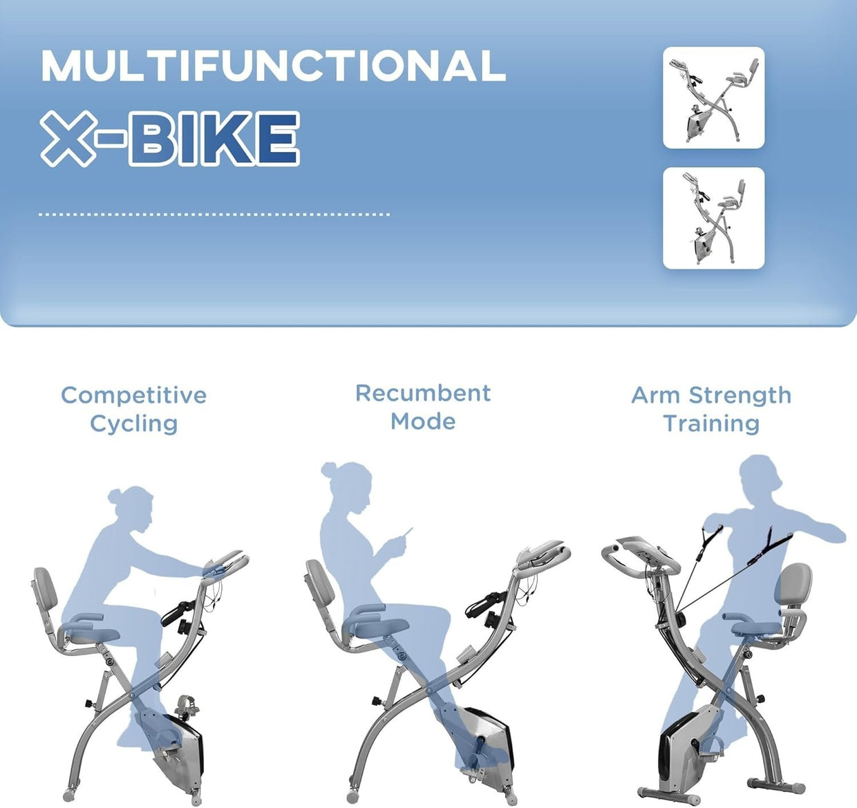 Grey 3 - in - 1 Folding Exercise Bike Magnetic Resistance LCD Pulse & Bands - Kwikley
