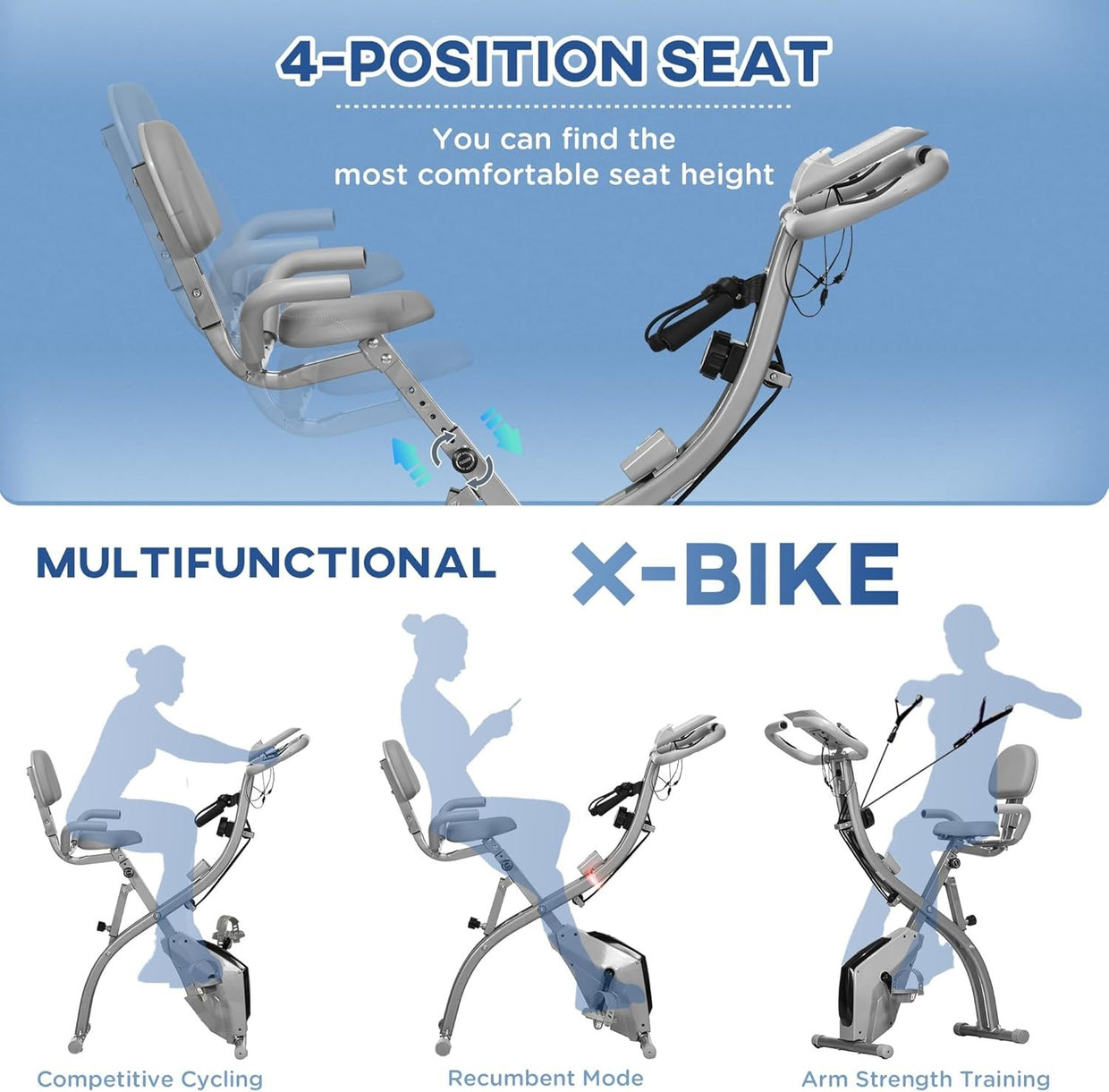 Grey 3 - in - 1 Folding Exercise Bike Magnetic Resistance LCD Pulse & Bands - Kwikley