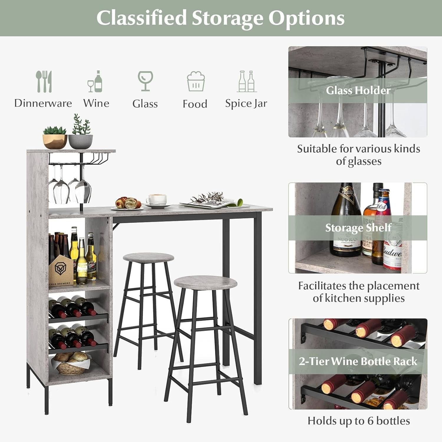 Grey 3 - Piece Bar Table Set with Shelves, Stools & Wine Rack, Industrial Dining - Kwikley