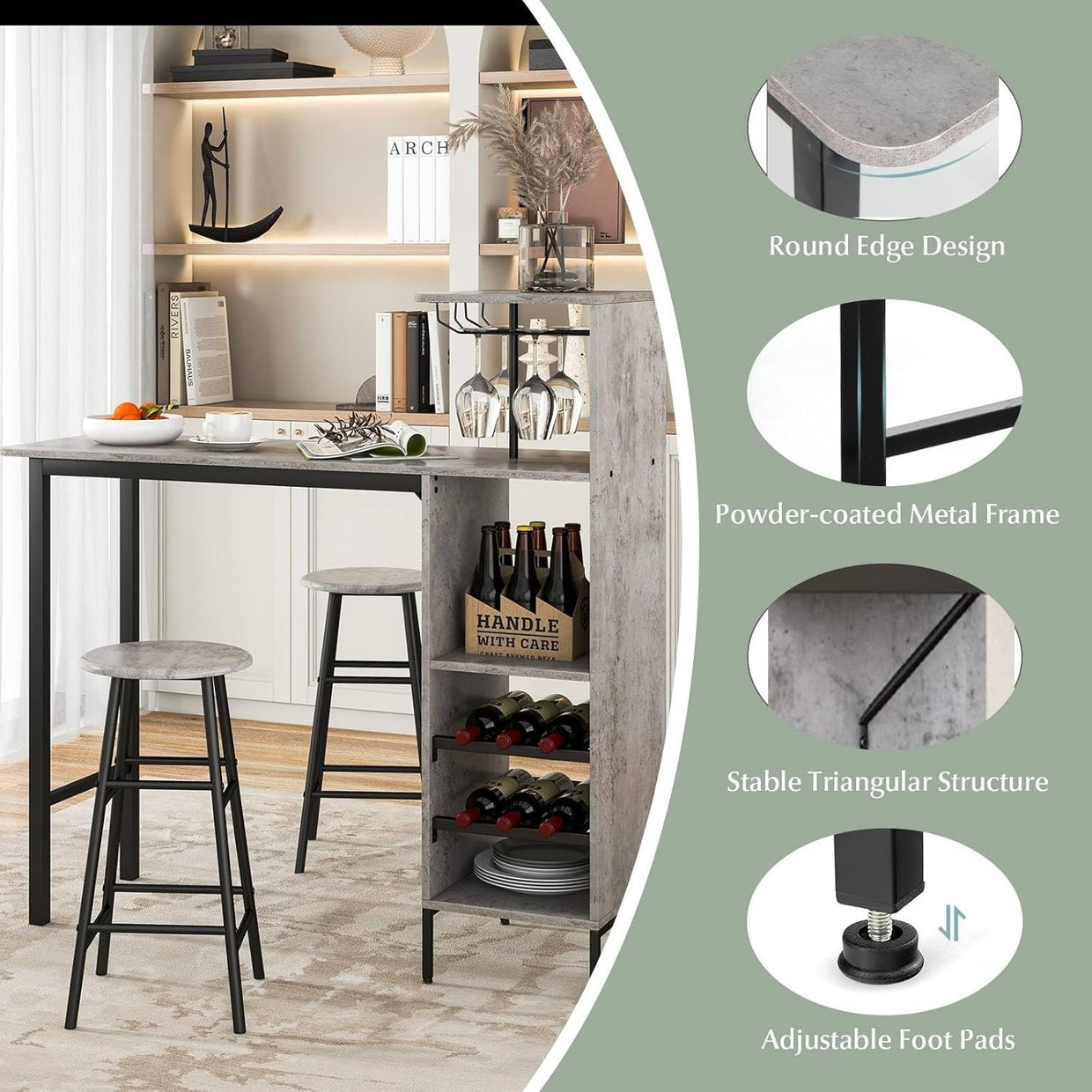 Grey 3 - Piece Bar Table Set with Shelves, Stools & Wine Rack, Industrial Dining - Kwikley