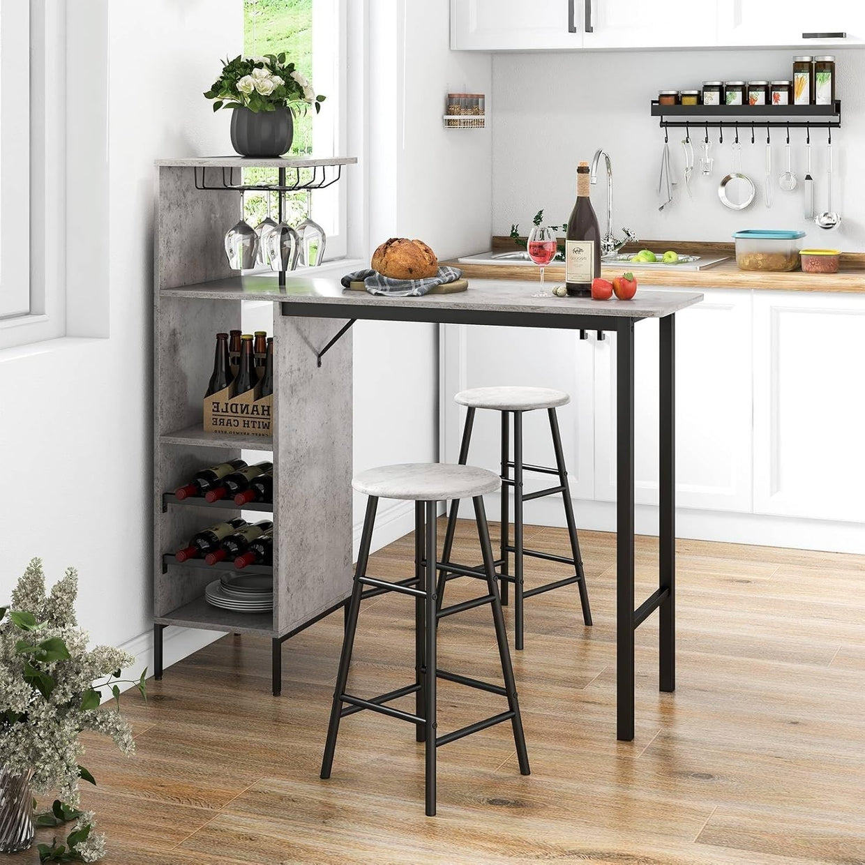 Grey 3 - Piece Bar Table Set with Shelves, Stools & Wine Rack, Industrial Dining - Kwikley