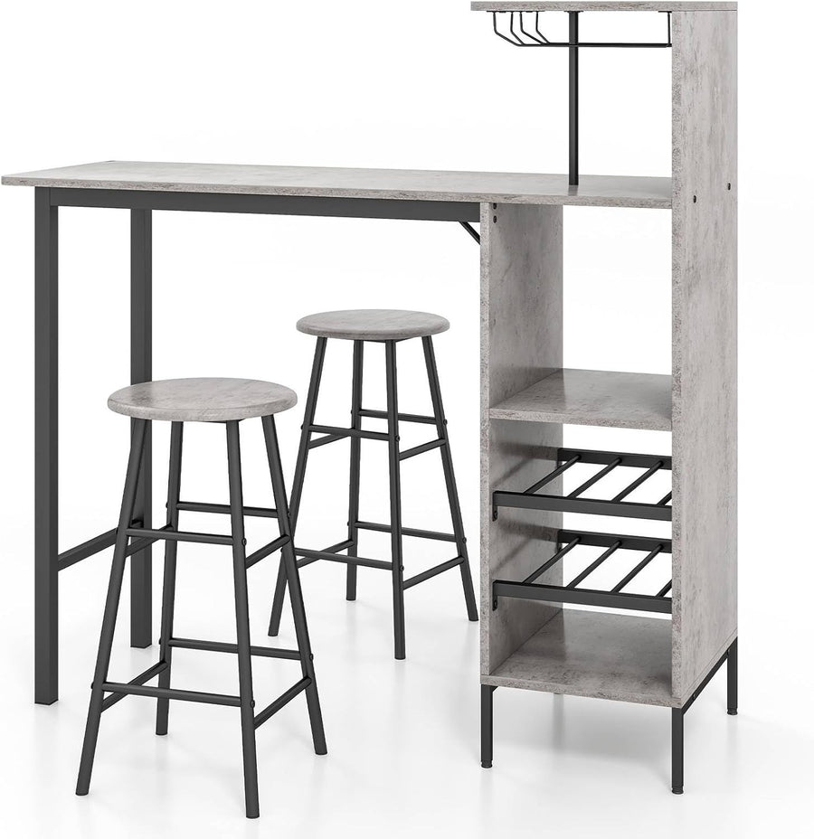 Grey 3 - Piece Bar Table Set with Shelves, Stools & Wine Rack, Industrial Dining - Kwikley