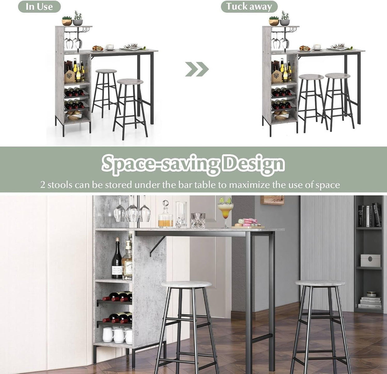 Grey 3 - Piece Bar Table Set with Shelves, Stools & Wine Rack, Industrial Dining - Kwikley