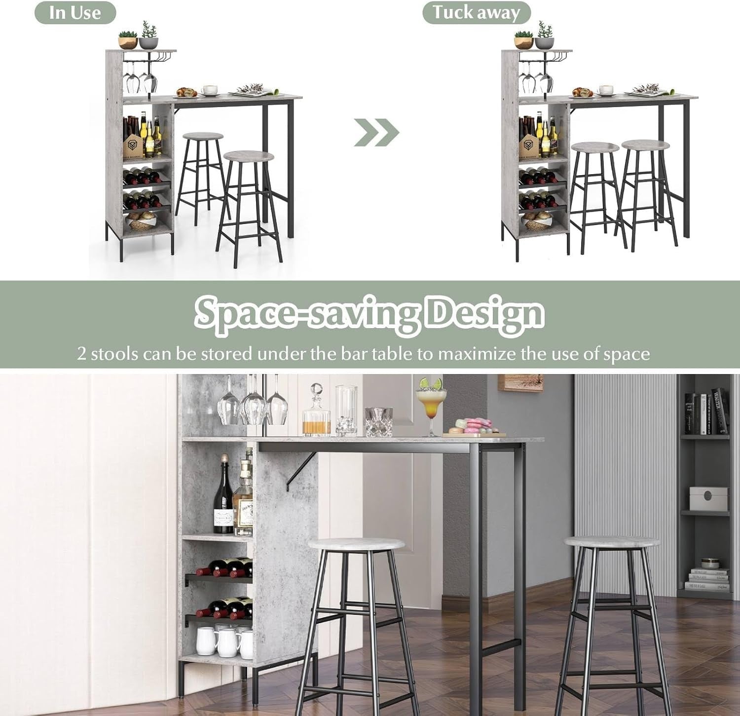 Grey 3 - Piece Bar Table Set with Shelves, Stools & Wine Rack, Industrial Dining - Kwikley
